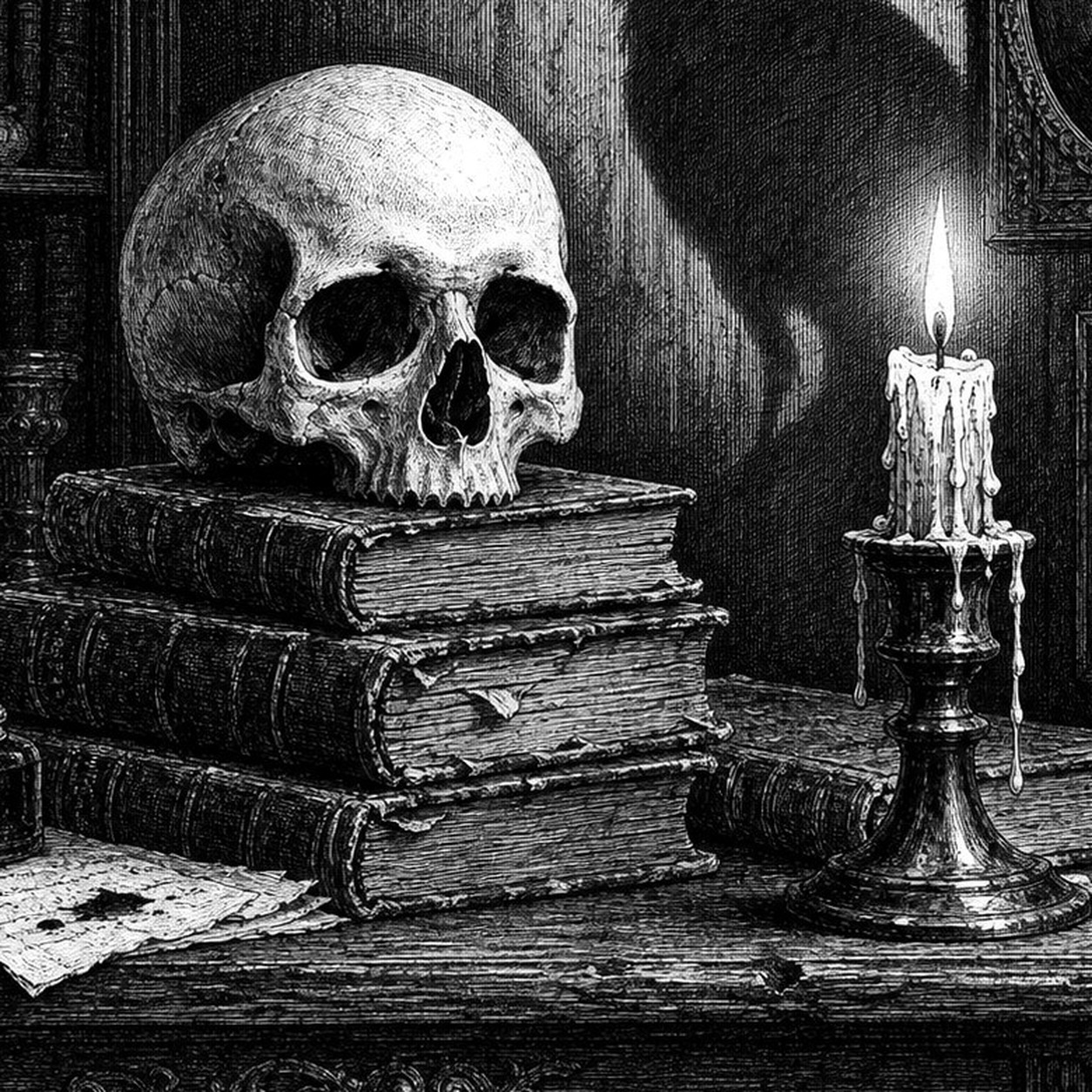Череп, книги и перо как символ следа и документов
